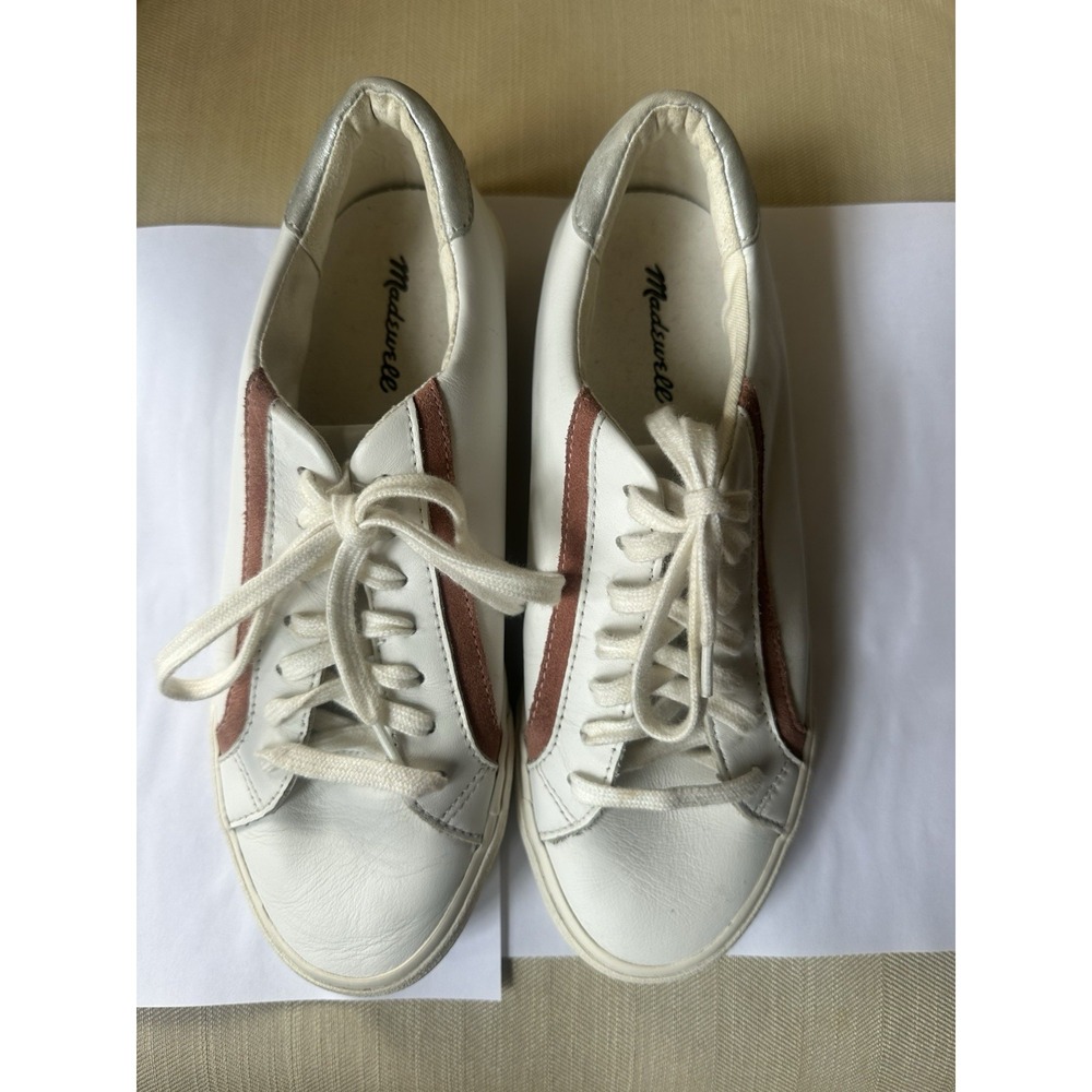 Madewell Sidewalk White Leather Sneakers Rose Suede Stripe Silver Size 8.5 M395